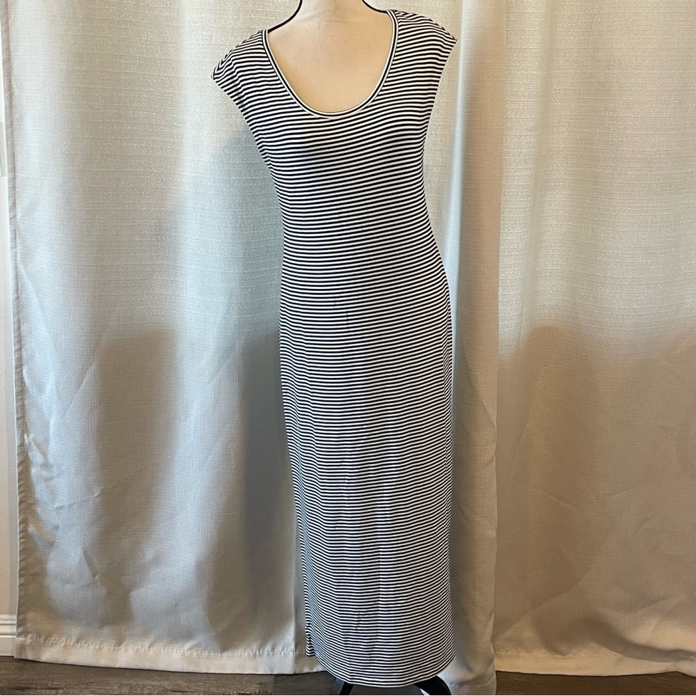 Lou & Grey French Terry Sleeveless Maxi Dress Navy White Stripe Coastal Sz S NWT